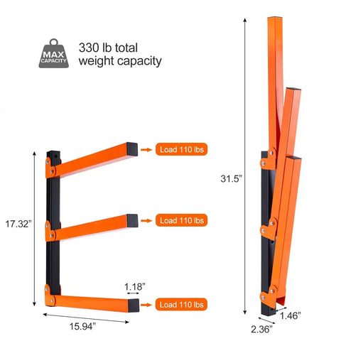 Dimensions and load capacity of Wall Mounted Lumber Storage Rack Two Piece Set For Garage And Warehouse, Heavy Duty Metal Wood Organizer.
