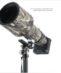 Carbon Fiber Monopod With Tilt Head Kit, 4-Section Stand shown supporting a large camera lens, Arca-Swiss Compatible.