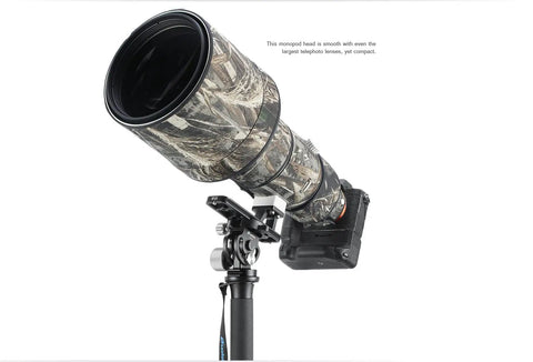 Carbon Fiber Monopod With Tilt Head Kit, 4-Section Stand shown supporting a large camera lens, Arca-Swiss Compatible.
