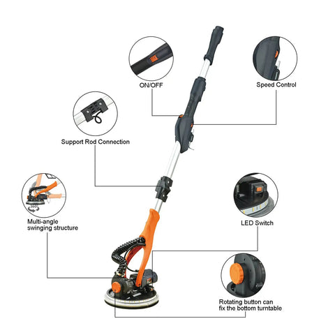 Built Tough Electric Drywall Sander With Full Vacuum Dust Collection, showcasing controls like speed control, LED switch, and support rod connection.