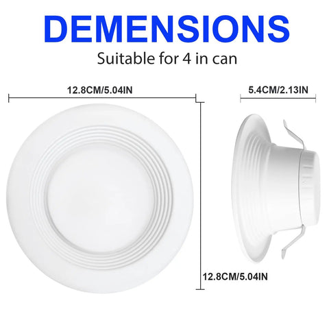 Dimensions of LED Recessed Can Light 4 Inch Downlight, side and front view, showcasing size for 10 Pack 660LM Dimmable LED.