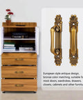 Antique European Style Two Pack Cabinet Door Pulls Set With Vintage Bronze Zinc Alloy Handles for Cabinets and Drawers shown with dresser.