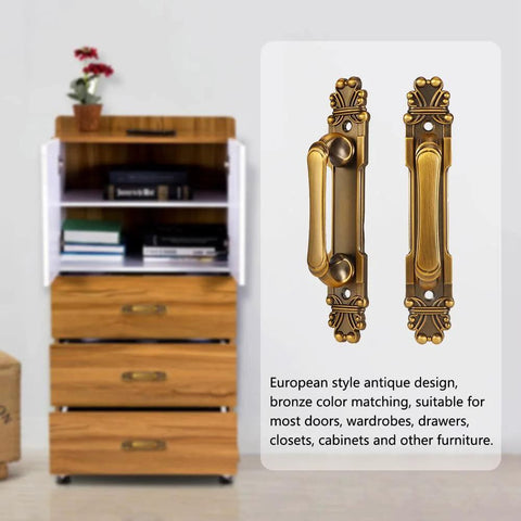 Antique European Style Two Pack Cabinet Door Pulls Set With Vintage Bronze Zinc Alloy Handles for Cabinets and Drawers shown with dresser.