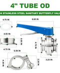 Front view of a 4-inch butterfly valve kit in 304 stainless steel with blue lever and tri-clamp ferrule flange