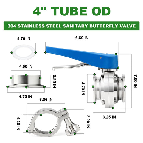 Front view of a 4-inch butterfly valve kit in 304 stainless steel with blue lever and tri-clamp ferrule flange