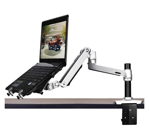 Premium Aluminum Desk Mount With Flexible Spring Arm Fits 17 To 27 Inch Screens And Laptops holding a laptop at a desk.
