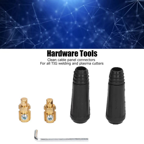 Heavy Duty Black Brass Welding Cable Quick Connectors Two Pack Rubber Shielded Hot Swap Power Plugs with brass connectors.