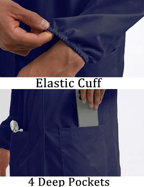 Men's Navy Blue Lab Coat With Quick Release Snap Closure Four Pockets Elastic Cuffs Long Sleeve Pro Grade Medical Lab Coat