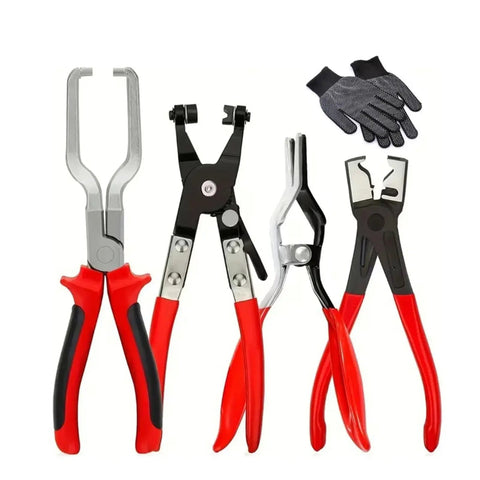 Heavy Duty Hose Clamp Pliers Kit With Thickened Jaws And Gloves Squeeze Straight Auto Clamps On Water Pipes Fuel Tubing Like A Boss Without Slipping, red handles