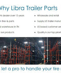 LIBRA trailer parts banner in a large warehouse with tall red tire racks and stacked tires.