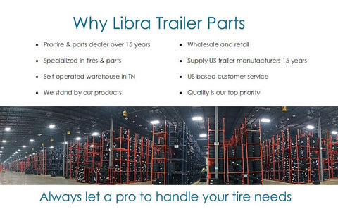 LIBRA trailer parts banner in a large warehouse with tall red tire racks and stacked tires.