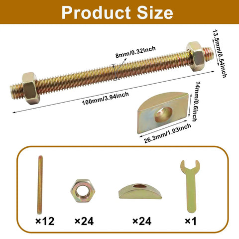 Beefy Heavy Duty M8x100mm Bed Frame And Furniture Hardware Kit with bolts, washers, wrench sizes shown.