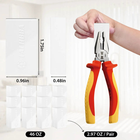 Hand holding pliers with pack of 24 Pack Outdoor Curtain Weights Magnetic Waterproof Beefed Up Heavy Duty Window Drapery Anchors