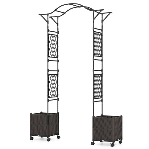 Garden Arch With Planters And No Fuss Self Watering Boxes On Wheels, 8.2Ft Metal Arbor Trellis For Climbing Vines, Outdoor Wedding Archway