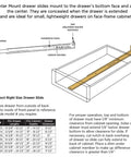 Illustration of bottom centered drawer slide mount for cabinets and dressers, 14 inch, showing installation and dimensions.