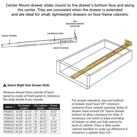 Illustration of bottom centered drawer slide mount for cabinets and dressers, 14 inch, showing installation and dimensions.