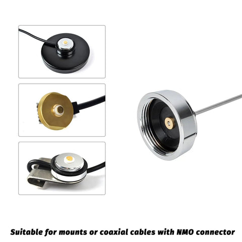 Beefy 2M VHF Mobile Antenna For Amateur Radio, 150W, 136 To 174 MHz, 18 Inch, tuning-free NMO connectors shown in detail.