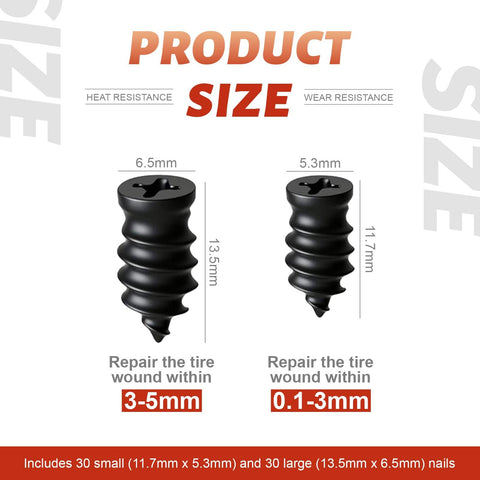 Image showing two sizes of screws from 60 Piece Tire Repair Kit With Two Sizes Rubber Plugs And Vacuum Tire Plug Screws For Cars Motorcycles Trucks And Tractors Self Service Quick Fix Box Packaged.