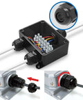Waterproof Cable Gland Kit 32 Piece Set installed on electrical box, showing black connectors for 3 to 18 mm cables with secure sealing.