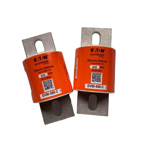Heavy Duty Cartridge Fuse Rated At 500VDC And 550A For Semiconductor Gear Rail Transit Arrays And Photovoltaic Energy Storage Solutions, two fuses with orange casing.