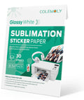 Glossy White Sublimation Sticker Paper 30 Sheets 8.5x11 Waterproof For Inkjet Printers And Heat Transfer, packaging showing printer