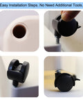 Caster wheels collage: four black 1-inch locking casters with straight stems; front, side, close-up and installed views.
