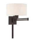 Bronze Finish One Light Swing Arm Wall Lamp With Oatmeal Fabric Shade Twenty Four And A Quarter Inch Includes Three Way Switch