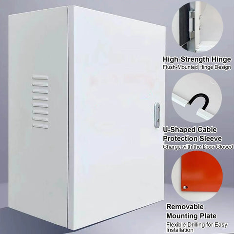 Heavy Duty Outdoor Electric Vehicle Charger Enclosure Rugged Cold Rolled Steel Weather Lock Box With Key Security Protection Case showing side view and features.