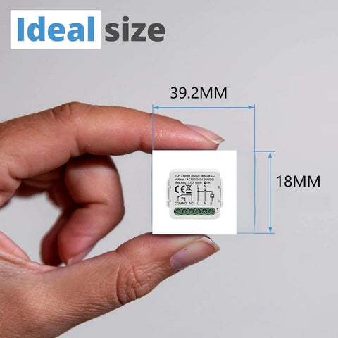 Single Channel Zigbee Smart Relay Switch Module For 12V 24V DC And 100 240V AC With Tuya Smart Life App Compatibility, Works With Alexa Google Home And Hubitat, Dry Contact Output, Great For DIY Garage Door Opener And Home Automation, compact 39.2 x 18 mm module in hand