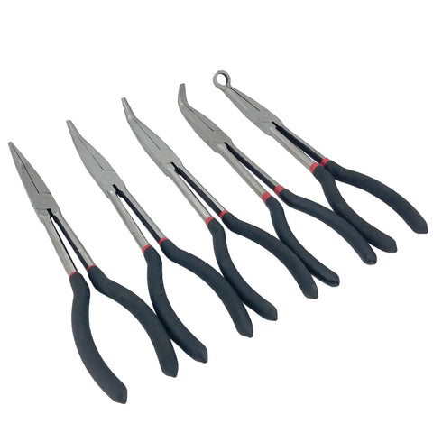 Beefy Long Reach 11 Inch Plier Set With 5 Pieces Including Straight Needle Nose Pliers And Angled 25 Degree 45 Degree And 90 Degree Pliers Plus Circle Pliers For Hard To Reach Narrow Spaces arranged in a row