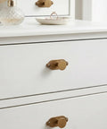 Premium Antique Brass Cabinet Knobs Paired With Elegant Oval Backplates 6 Pack on white dresser drawers.