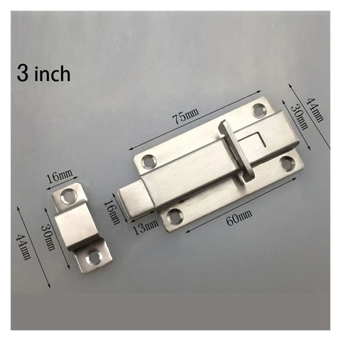 Heavy Duty Stainless Steel Sliding Door Barrel Bolt Spring Latch Gate Lock, 3-inch size with dimensions, designed for fences.