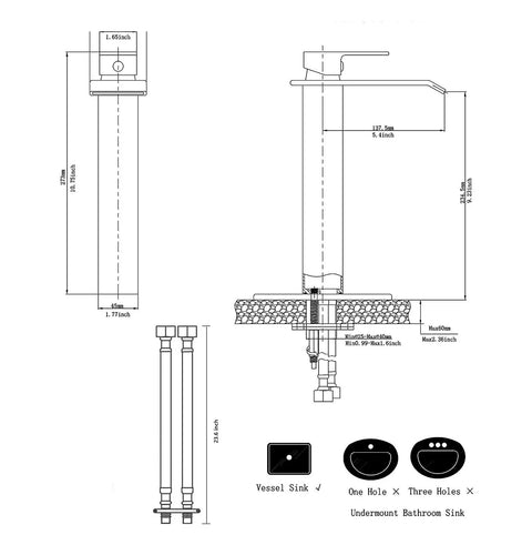 Diagram of White Gold Waterfall Vessel Sink Faucet With Tall Deck Mount And One Hole Single Handle Vanity Lavatory Tap dimensions