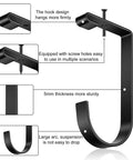 Eight Pack Flat Hooks for Garage Ceiling Mounts And Wall Shelving, Heavy Duty Bike Hanger Accessories, Black, shown with mounting details