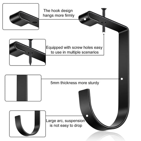 Eight Pack Flat Hooks for Garage Ceiling Mounts And Wall Shelving, Heavy Duty Bike Hanger Accessories, Black, shown with mounting details