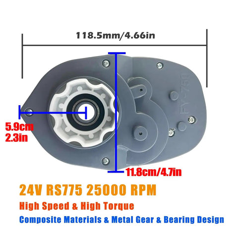 Top view of Beefed-Up 280W RS775 High Speed Motor Gearbox For Ride On Toys And UTVs with dimensions displayed
