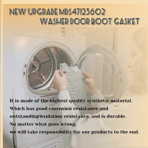 Person holding clothes near washer with Washer Door Boot Seal Replacement For LG And Kenmore Elite Washers, MDS47123601 02 Compatible Gasket displayed