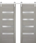 Sturdy Double Barn Door With Quadro 4113 Grey Ash And Frosted Glass, 13 Ft Stainless Steel Rail System, heavy duty hangers.
