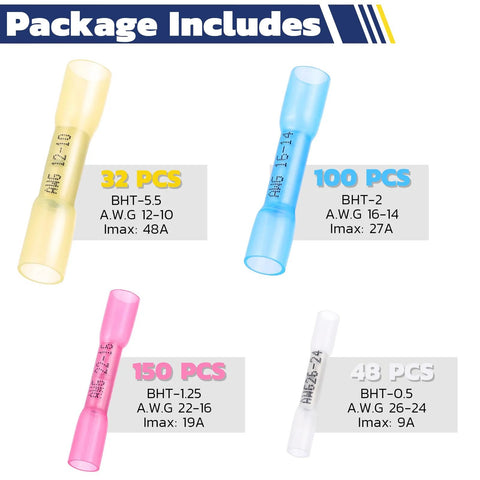 Heat-shrink butt connector kit for marine wiring; four color-coded sizes (yellow, blue, pink, white) with 32, 100, 150 and 48 pieces.