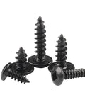 Slick M3 X 10mm Carbon Steel Round Head Self Tapping Wood Screws With Nifty Cross Slotted Mushroom Tops And Tough Black Oxide Finish, assorted views.