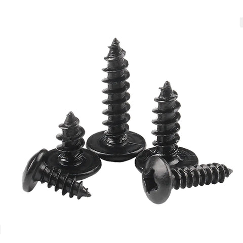 Slick M3 X 10mm Carbon Steel Round Head Self Tapping Wood Screws With Nifty Cross Slotted Mushroom Tops And Tough Black Oxide Finish, assorted views.