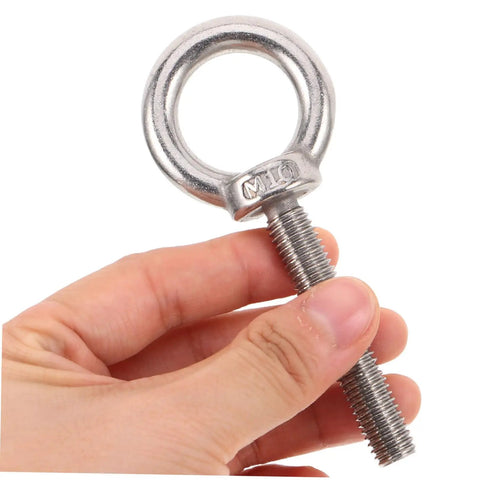 Built Tough Heavy Duty Stainless Steel Eye Bolts M10x60 With Nuts And Washers Anti Loosening Weather Resistant Long Reach Design held in hand.