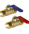 Two brass ball valves with red and blue handles, part of Ten Pack Half Inch Push In Full Port Ball Valves For Hot And Cold Water.