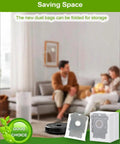 Eight Pack Replacement Vacuum Bags For Roomba I J S Series in home setting, two bags in foreground, family relaxing in background