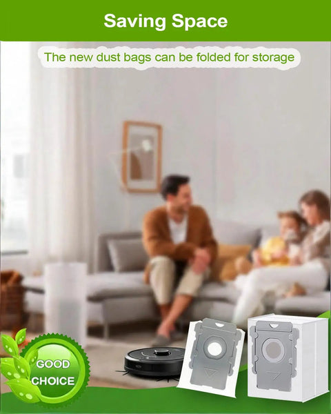 Eight Pack Replacement Vacuum Bags For Roomba I J S Series in home setting, two bags in foreground, family relaxing in background