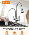 Two Handle Kitchen Faucet With Pull Down Sprayer And 24 Inch Hose Brushed Nickel 3 In 1 Water Filter Purifier, Solid Brass Construction