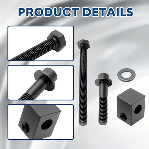 Heavy Duty Alternator Pump Pulley Adjuster Kit With Belt Tensioner Replacement Bolt Set showing black steel adjuster bolts and nuts.