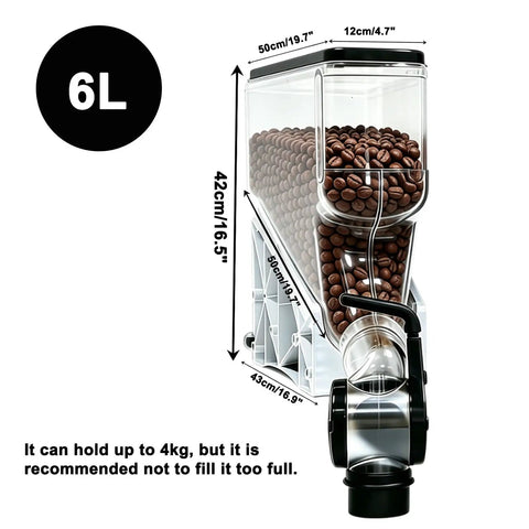 Beefy Heavy Duty Countertop Coffee Bean Dispenser Set 6 Liters with acrylic jar showing dimensions and coffee beans.