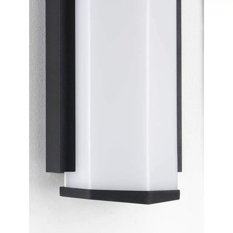 Outdoor Wall Sconce One Light LED With White Acrylic Shade And Textured Black Finish, close-up on acrylic and frame details.