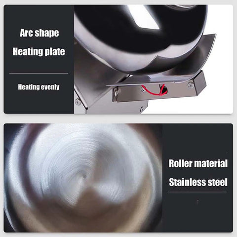 Commercial Electric Sugar Coating Machine For Candy And Chocolate Polishing Adjustable Speed Slick Finish Stainless Steel Build showing arc shape heating plate and stainless steel roller material.